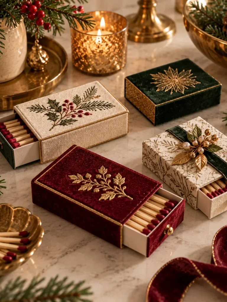 Velvet and decorative paper matchbox covers in festive colors.