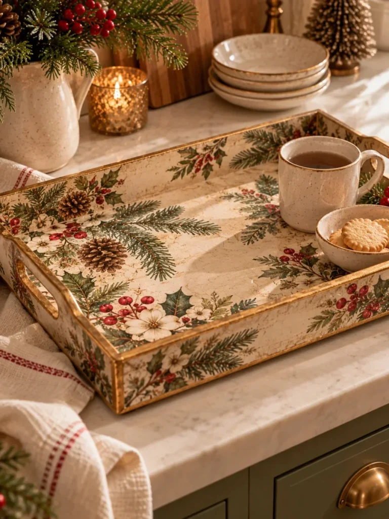Wooden serving tray decorated with winter botanical decoupage.