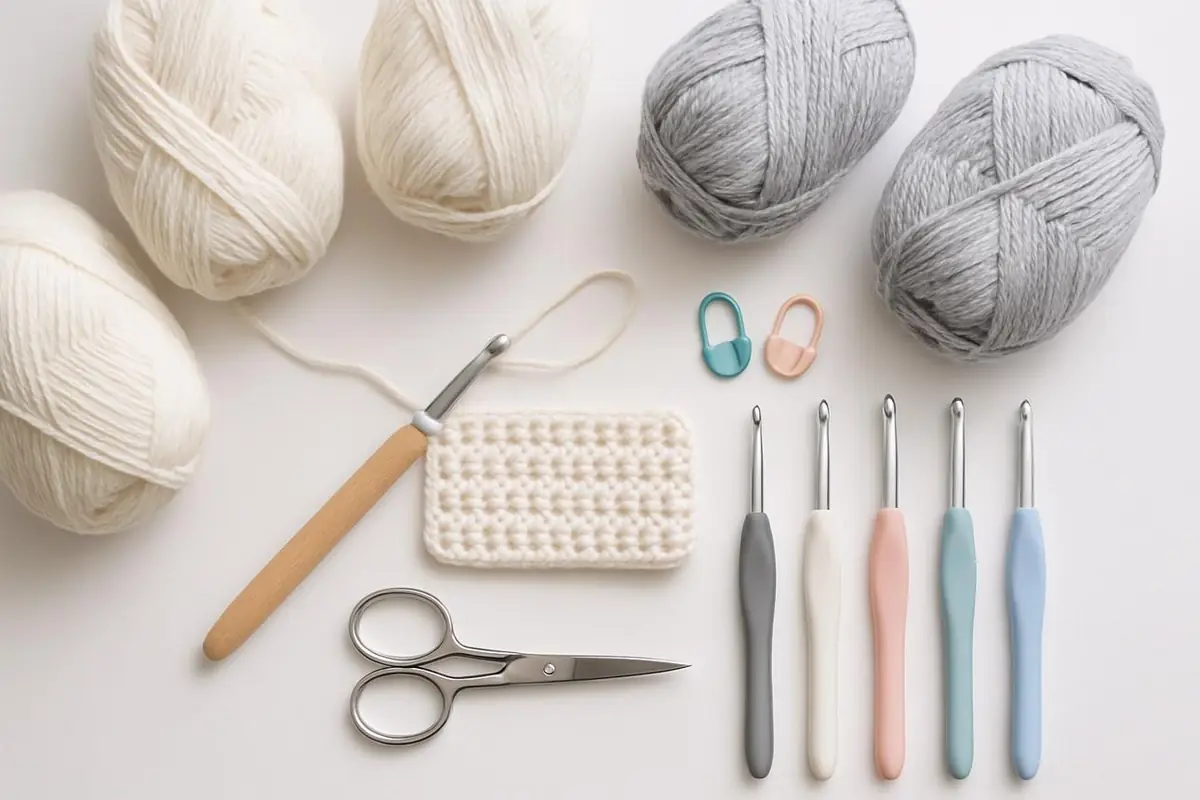 Crochet supplies: yarn balls, crochet hooks, scissors and stitch markers