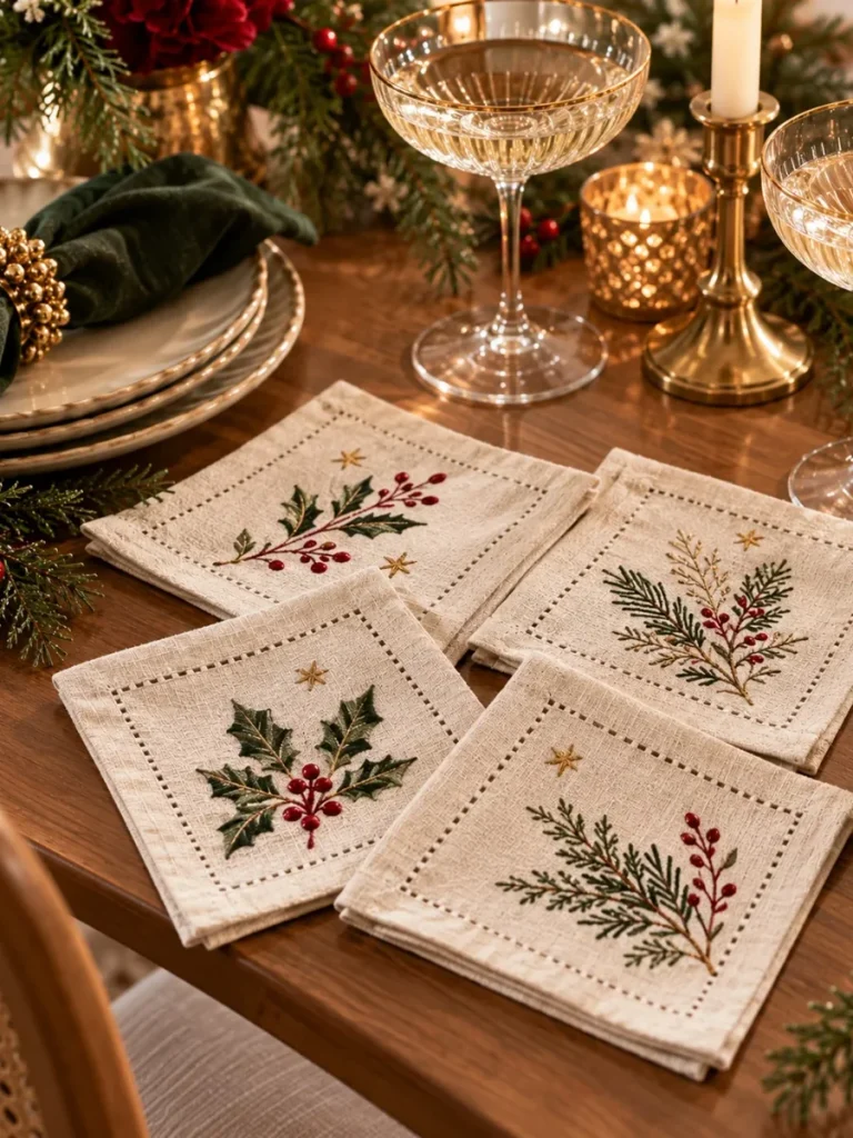 Cream linen cocktail napkins with embroidered winter foliage.