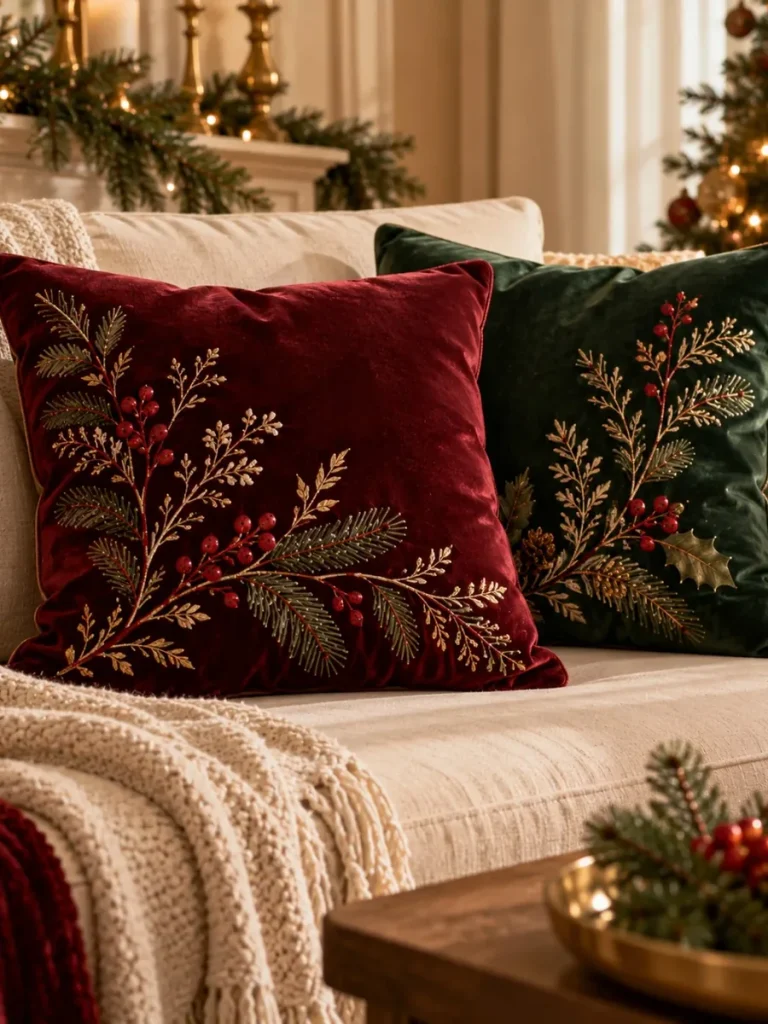 Burgundy and green velvet cushions with embroidered details.