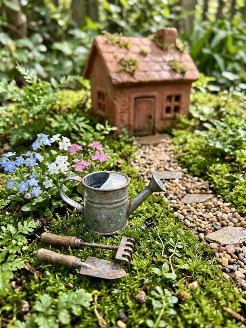 Fairy Garden With a Miniature Watering Can
