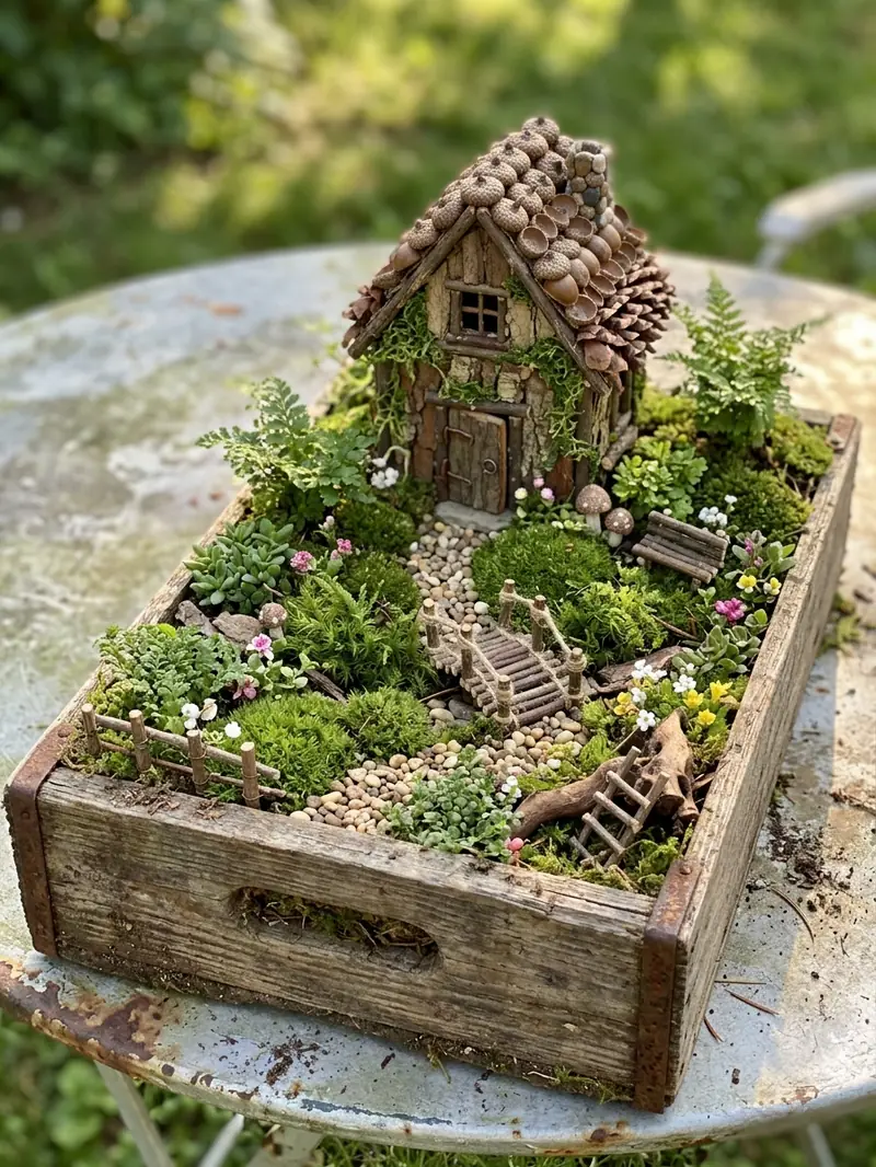 Miniature Fairy Garden in a Wooden Crate