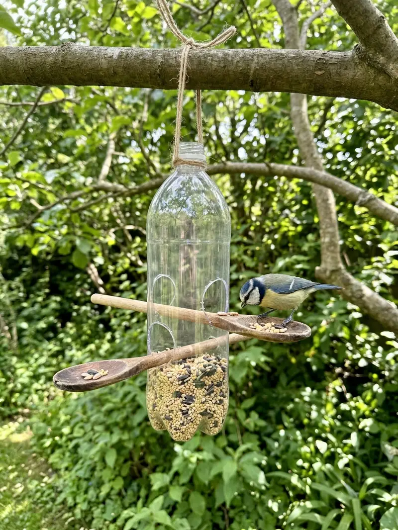 Homemade plastic bottle bird feeder hanging in a garden