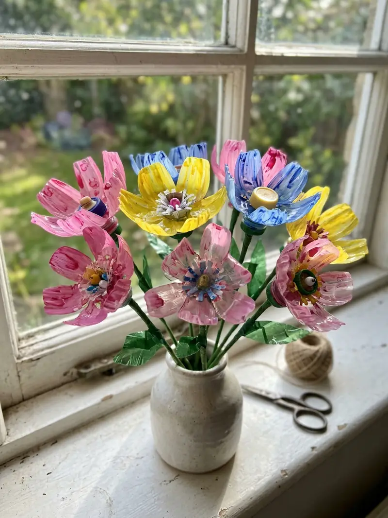 Colorful handmade flowers made from reused plastic bottles