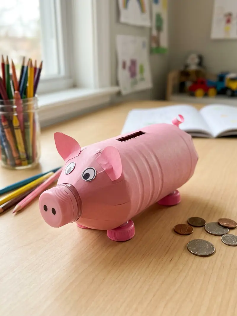 Finished piggy bank made from a reused plastic bottle