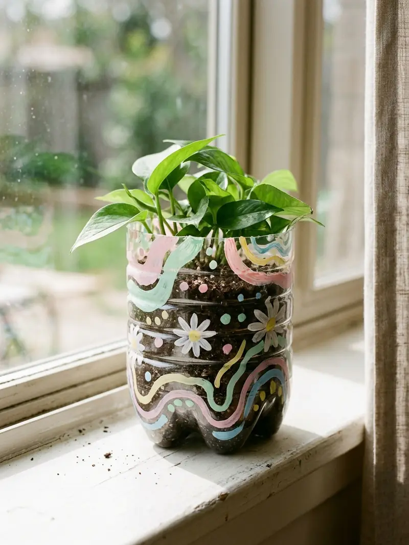 Finished DIY planter made from a reused plastic bottle