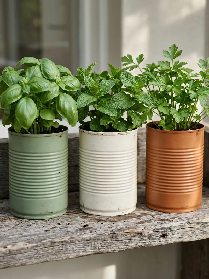 Painted Tin Can Herb Garden