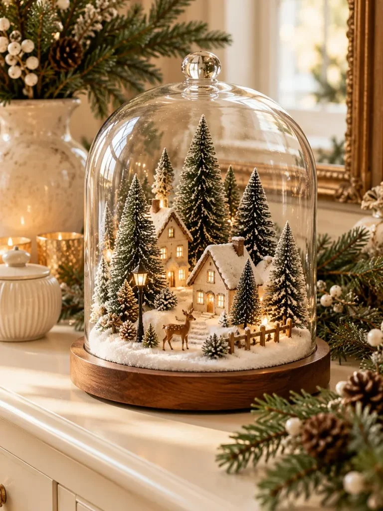 Miniature Christmas winter scene displayed inside a glass cloche.