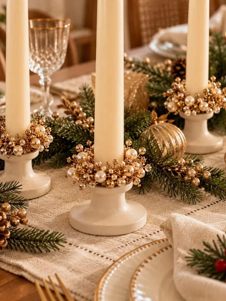 Champagne gold beaded rings around unlit taper candle holders.