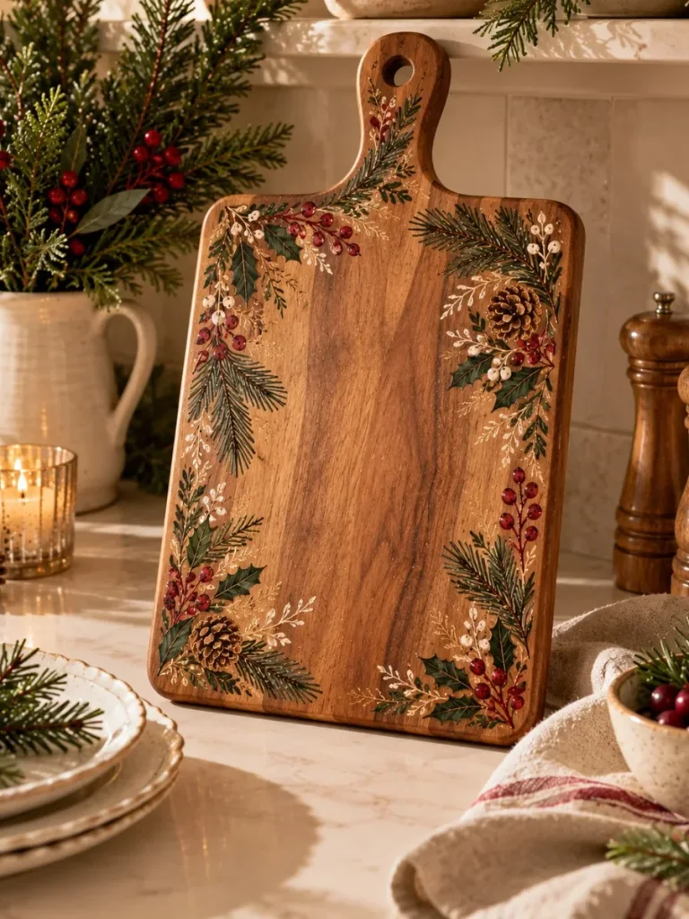 Wooden serving board with delicate painted winter foliage.