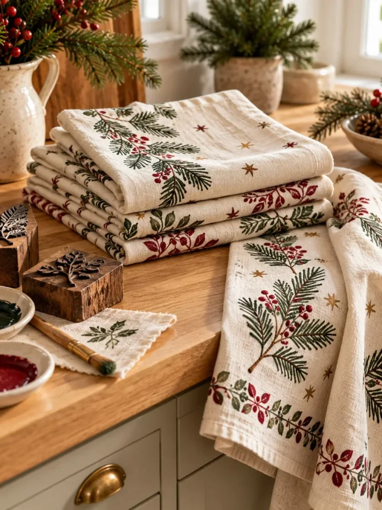 Cream cotton Christmas tea towels with botanical block prints.