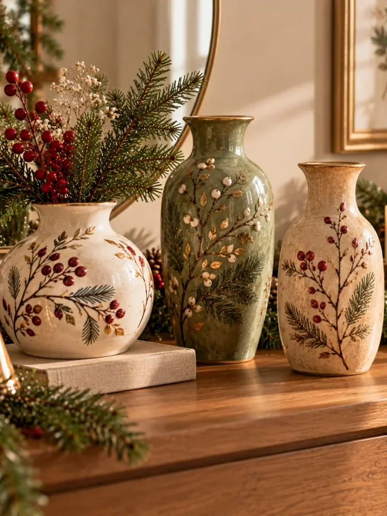 Cream decorative vases featuring hand-painted winter branches.