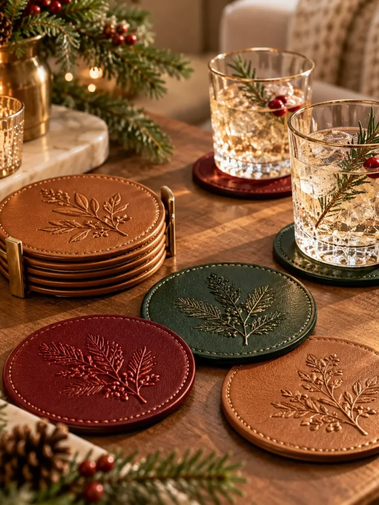 Embossed faux leather coasters in elegant festive colors.