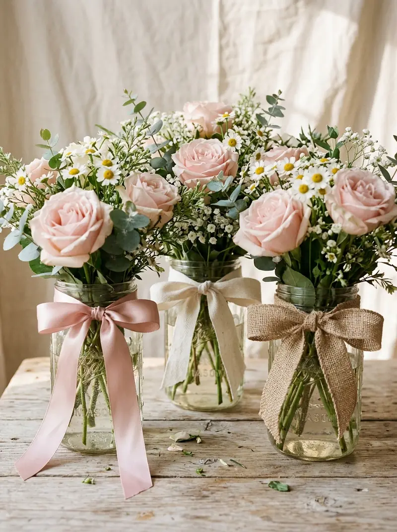 Mason Jar Flower Arrangements with Ribbon