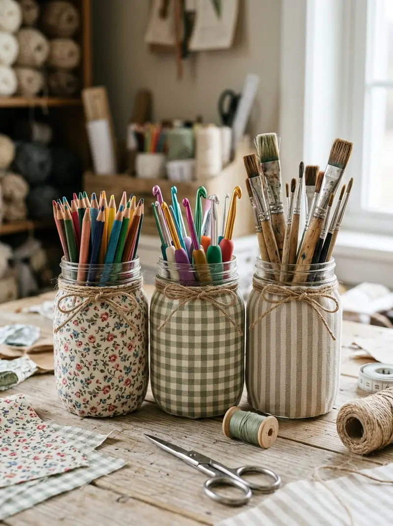 Mason Jar Pencil Holders with Fabric