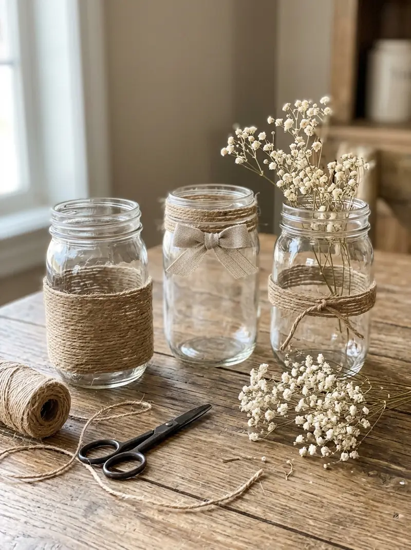 Rustic Twine-Wrapped Mason Jars