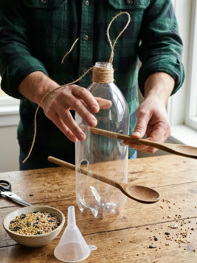 Adding wooden spoon perches to a DIY plastic bottle bird feeder