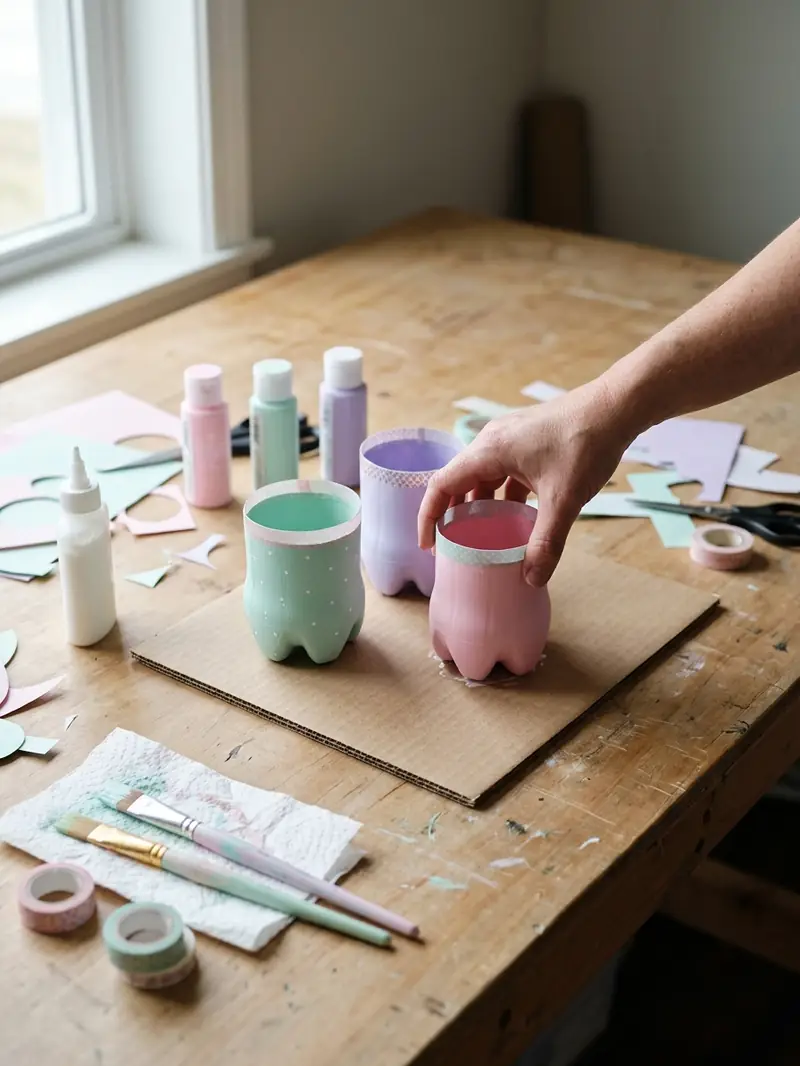 Arranging decorated plastic bottle containers on a cardboard base