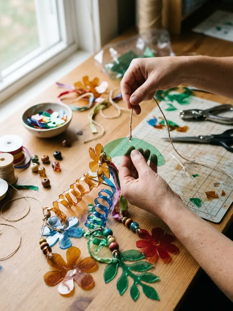 Connecting colorful plastic shapes to make a hanging craft