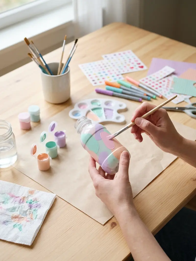 Decorating a recycled plastic bottle pencil holder with paint