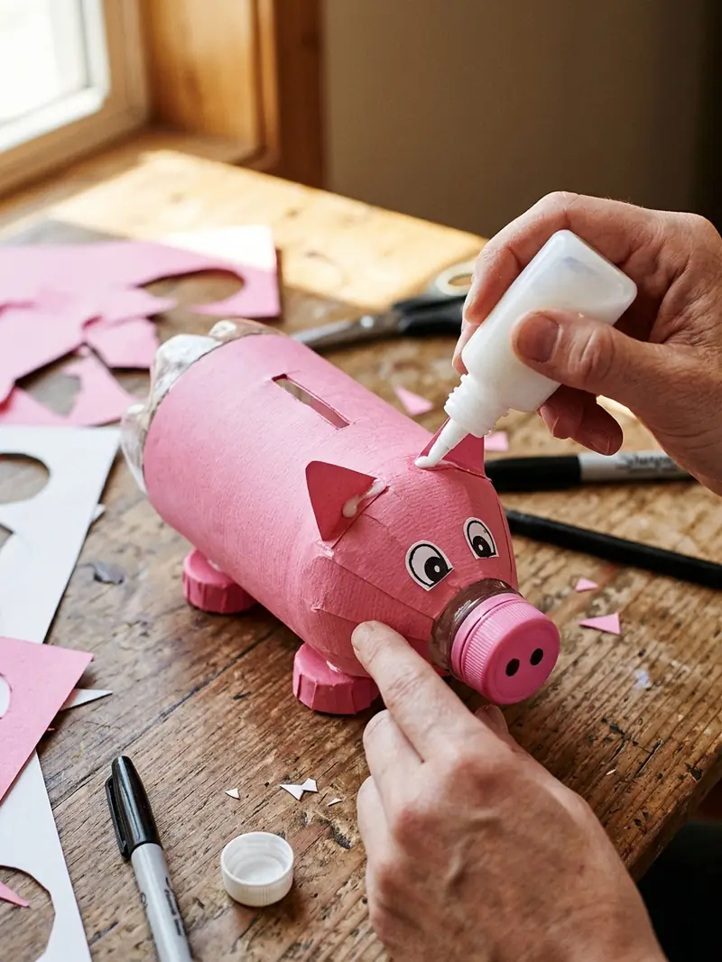 Decorating a plastic bottle piggy bank with pink paper and ears