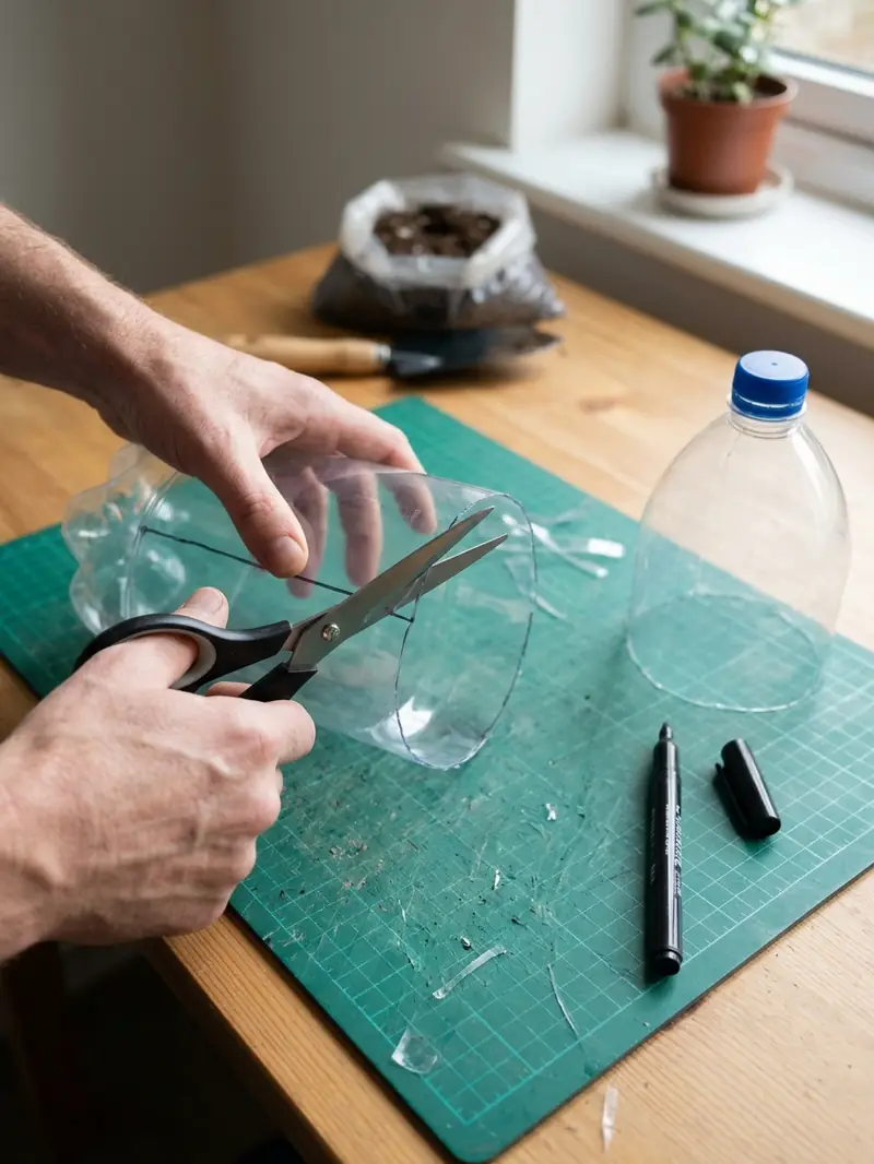 Cutting a plastic bottle to create a recycled planter