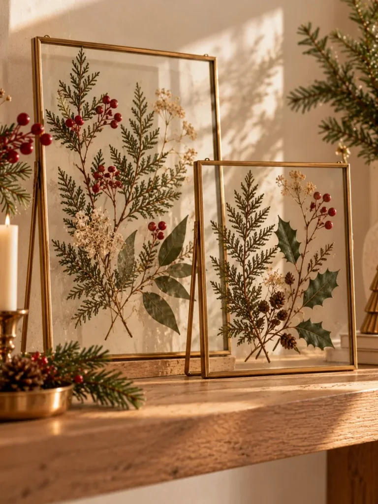 Pressed winter foliage displayed between floating glass panels.