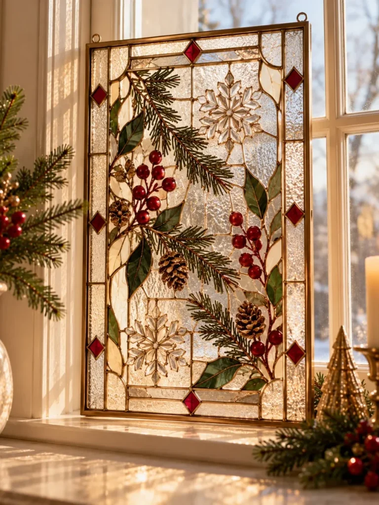 Decorative translucent Christmas window panel with botanical details.