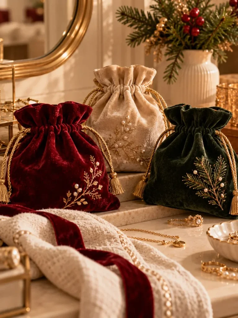Burgundy and green velvet jewelry pouches with drawstring closures.
