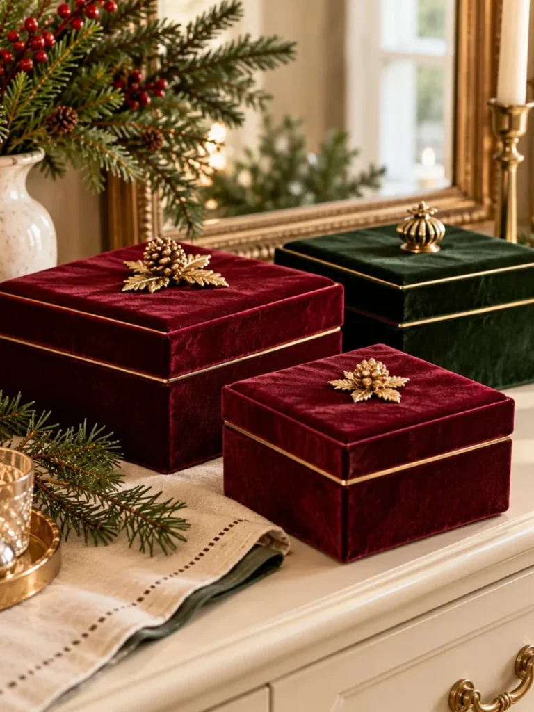 Burgundy and green velvet keepsake boxes with gold trim.