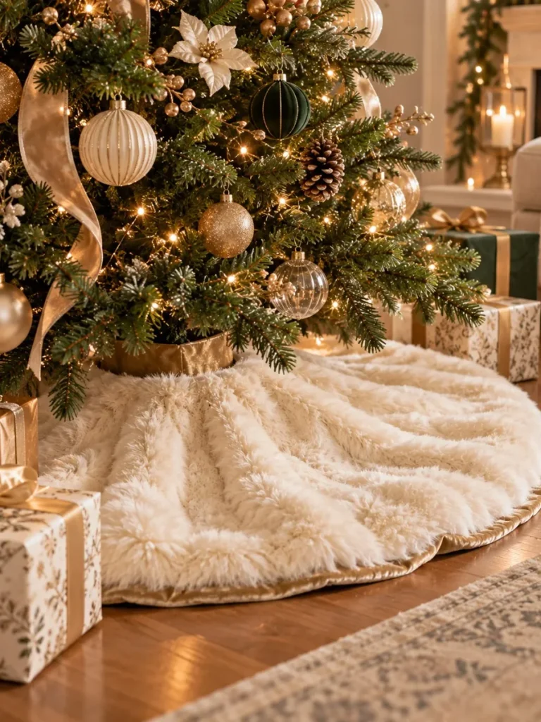 Ivory faux fur tree skirt beneath a decorated Christmas tree.